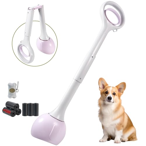 Dog Pooper Scooper Portable with Bag Attachment, One Handed Foldable Design, Includes 120 Waste Bags and Dispenser, 28 Inch Handle for Grass Yard Gravel Cleanup (Purple) - color: 28in + Purple + 120 garbage bags + dispenser