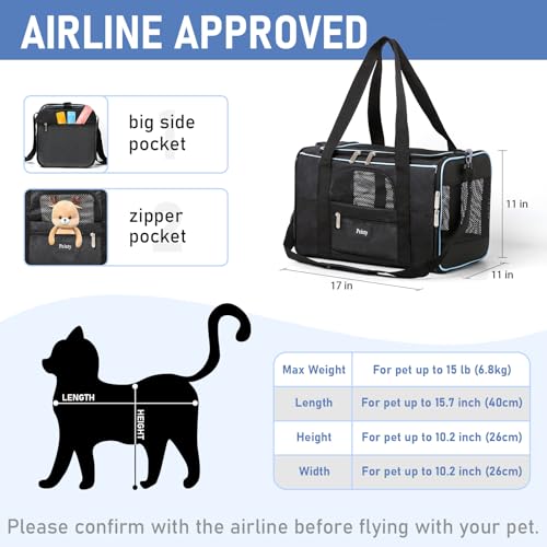 Pet Carrier for Cats,Small Dogs Under 15 Lbs(17x11x11 Inches),Delta/American/United Airline Approved Carriers, Cats Soft-Sided Carriers,Pet Travel Carrier Bag with Two Storage Pockets-Black
