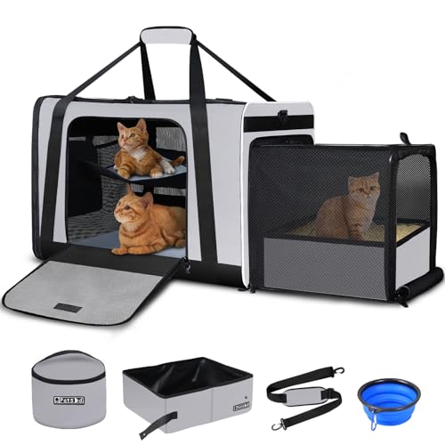 Petskd Side Expandable Extra Large Cat Carrier with Litter Box Area, 24"x17"x17" Soft-Sided Pet Carrier for 2 Cats Under 55 lbs with Zipper Locks for Car Travel(Grey) - color: Grey