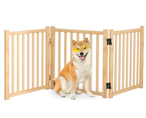 Wooden Freestanding Dog Gate Indoor, 23" H Foldable Dog Gates, No-Painted Portable Puppy Fence for Hallway Stairs, Doggy Barrier- 3 Panels - size: 【3 Panels】H:23''