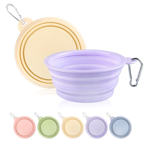 Collapsible Dog Bowls 2-Pack, Portable Travel Dog Bowl with Carabiner, Food-Grade Silicone Pet Bowl for Hiking, Walking (Macaron Yellow and Violet) - color: 12 OZ Macaron Yellow and Violet