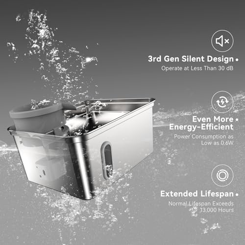 8L/270oz Stainless Steel Large Dog Water Fountain Dispenser Bowl | Premium stainless steel filtered dog water bowl and quiet large dog fountain. Visible water level window, great for cats.