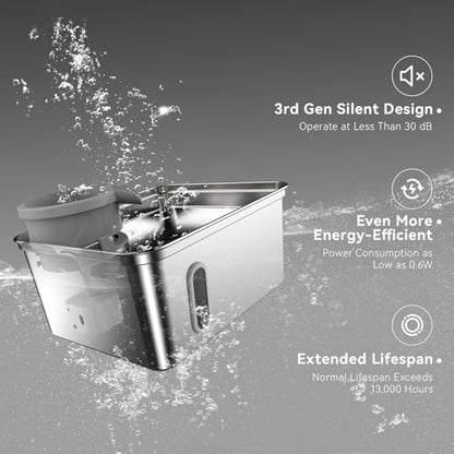 8L/270oz Stainless Steel Large Dog Water Fountain Dispenser Bowl | Premium stainless steel filtered dog water bowl and quiet large dog fountain. Visible water level window, great for cats.