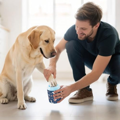Duck 250th Anniversary Blue Pattern Dog Paw Cleaner Cup with Soft Silicone Brush, Small Lightweight Portable Muddy Paw Washer for Dogs, Easy to Use Pet Foot Cleaner