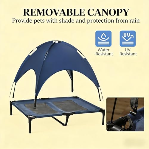 36" Ventilated Mesh Sofa Bed, Comfy Lounge Sofa with Shade Canopy, Fluffy Upholstered Dog Couch with Raised Frame for Outdoor Pet Leisure, Black,Dark Blue - color: Black,dark Blue