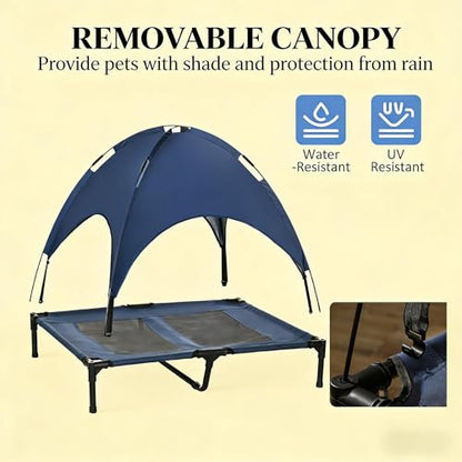 36" Ventilated Mesh Sofa Bed, Comfy Lounge Sofa with Shade Canopy, Fluffy Upholstered Dog Couch with Raised Frame for Outdoor Pet Leisure, Black,Dark Blue - color: Black,dark Blue