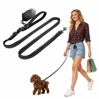 Kazazoo Hands-Free Dog Leash with Poop Bag Holder, Adjustable 4-7 Ft Waist for Dog Walking, Running for Small Dogs with Reflective Strips, Nylon Waist Belt, Black - color: Black