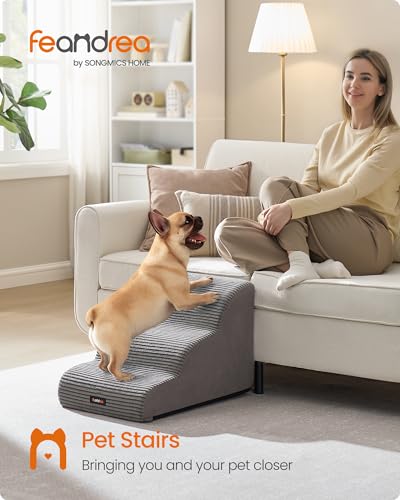 Feandrea 3-Step Dog Stairs, Dog Steps for Bed, Sofa, Waterproof Pet Stairs with Anti-Slip Designs, Gentle Slope, Removable Washable Cover, Handle, Dove Gray UPPS003G01 - size: 3-Step
