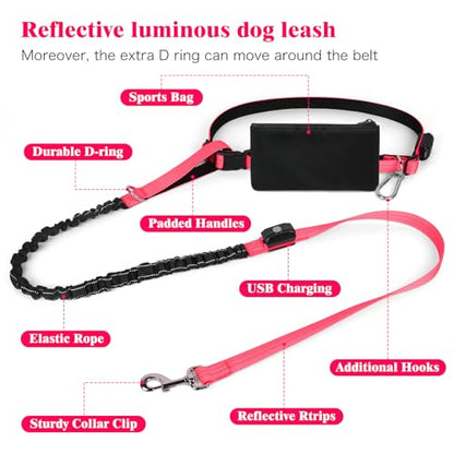 LED Hands Free Dog Leash, Waist Leash for Dog Walking, Retractable Bungee Light Up Dog Leash, LED Handless Dog Running Leash, Reflective Running Leash for Jogging Training Hiking (Pink) - color: Pink