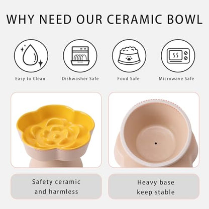 Tilted Cat Bowl, Flower-Shaped Ceramic Slow Feeder Cat Bowl, Raised Pet Bowl for Whisker Relief, Prevents Vomiting & Bloating, Non-Slip Base, Easy to Clean for Dry/Wet Food (Lavender & Yellow) - color: Lavender & Yellow