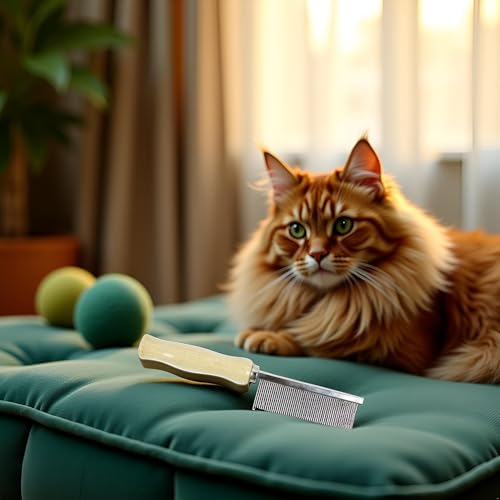 Pet Grooming Comb for Long Haired Cats and Dogs - Stainless Steel Pin Teeth Wooden Handle Fur Hair Brush - Removes and Prevents Matted Fur