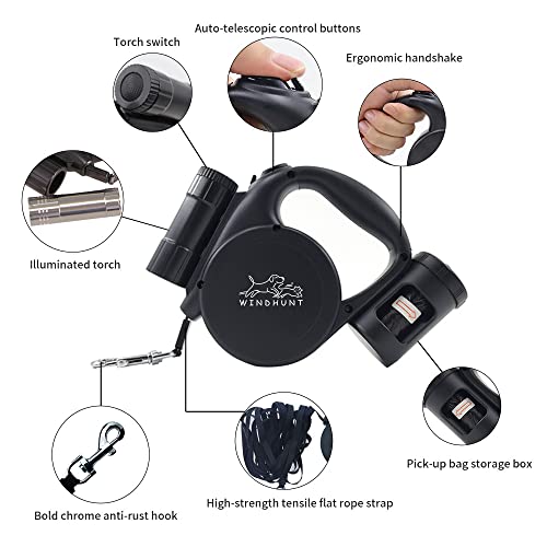 360° Tangle-Free Retractable Dog Leash with Flashlight, Dispenser and Poop Bag Heavy-Duty Nylon Tape for Small, Medium Dogs and Cats One-Handed Brake and Lock, Black - color: black