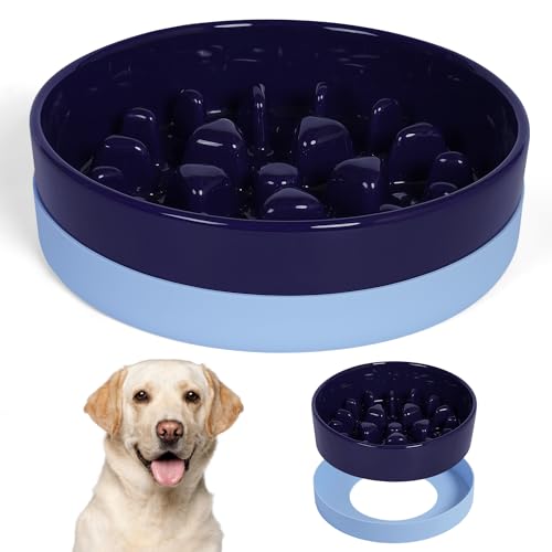 Sted Ceramic Slow Feeder Dog Bowls for Medium Large Breed, Slow Feeding Dog Bowl, Dogs Food Bowls for Fast Eaters, Puzzle Dogs Food Bowl with Silicone Base, Maze Blue - color: Blue, size: Large-9.5 inches
