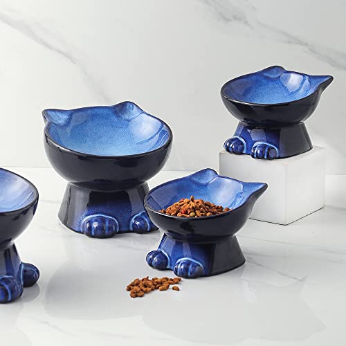 Nihow Elevated Cat Bowls,5 Inch Ceramic Raised Cat Food and Water Bowl Set | Slanted,Whisker Friendly,for Protecting Pet's Spine,Microwave & Dishwasher Safe ,Elegant Blue & Black 4.5 OZ, Set of 2 - color: Blue & Black, size: 4.5 OZ+8 OZ