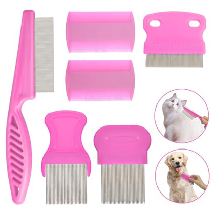 Flea Comb for Cats Dogs, 6 Pack Pet Lice Comb Set Pet Grooming Pets for Small, Medium & Large Pets（Pink） - color: Pink