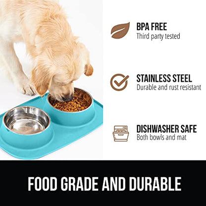 GORILLA GRIP Dog Bowl Set with Slip Resistant Silicone Feeding Mat, 4 Cup, Food Grade 304 Stainless Steel Bowls, BPA Free, High Edge Spill Containment, Dishwasher Safe, Finger Notch Removal, Turquoise - color: Turquoise, size: 4 Cup Bowls