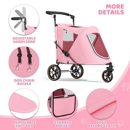 Magshion Pet Stroller for Medium Dogs w/Adjustable Handle, 3-Wheel Dog Cat Wagon w/Dual Entry, Rear Storage, Breathable Mesh, One-Foot Brake, Ideal for Large Pets up to 55 lbs, Pink - color: Pink, style: Up to 55 lbs