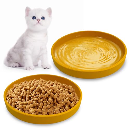 Silicone Cat Food Bowls Shallow Cat Dishes 5.9in Wide Pet Plates Set of 2 Small Flat Dog Saucer Bowl Cute Whisker Fatigue Kitten Feeding Dish for Dry Food & Wet Food (Round Yellow) - color: Yellow, size: M: 5.9 inches - without Suction Cup