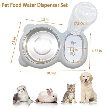 Tfwadmx Pet Double Dishes Rabbit Food Water Dispenser Set Cat Self Filling Bowls No Spill Dog Automatic Waterer Bottle Anti Gravity Feeder Cute Detachable Stainless Steel Bowl for Kitten Puppy Bunny - color: Grey