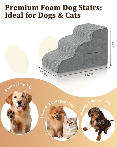 Dog Stairs for Bed & Couch, 15.7"H 3-Step High Density Foam Dog Steps for Small & Senior Dogs, Non-Slip Stable Pet Stairs for Sofa, Bedside, Balanced Bedroom Doggy Ramp with Removable Cover - size: 3-Step 15.7"H