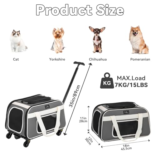 PETSFIT Airline Approved Cat Carrier with Wheels Designed for Small Dogs/Cats with Adjustable Safety Rope & Removable Wheels - color: Medium Gray, size: 20.1"L x 12.2"W x 14.2"H