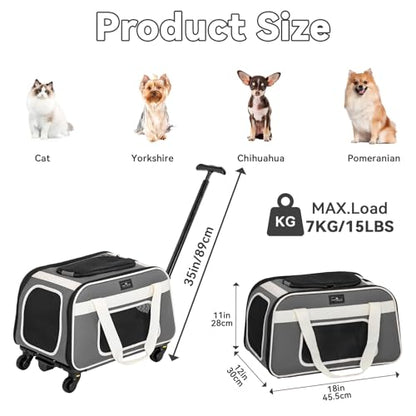 PETSFIT Airline Approved Cat Carrier with Wheels Designed for Small Dogs/Cats with Adjustable Safety Rope & Removable Wheels - color: Medium Gray, size: 20.1"L x 12.2"W x 14.2"H