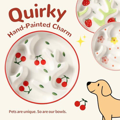 Ceramic Slow Feeder Dog Bowl - Portion Control Feeding Bowl for Medium Dogs – Cute Maze Food Dish for Fast Eaters - 3.1 Cups (310 g) - Doodle Series (Petal)