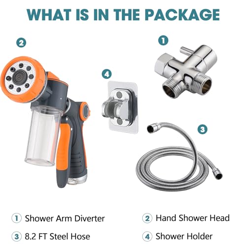Dog 8.2ft Pup Shampoo Dispenser Jet Attachment to Shower Head Washing, 8-Setting High Pressure Pet Wash Cleaning Sprayer Bath for Bathtub Station, Adhesive Shower Holder, Indoor