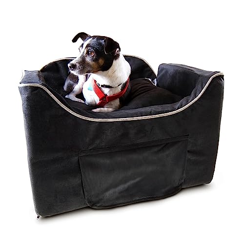Snoozer Dog Car Seat with Storage Tray: Lookout II Car Seat for Small Dogs Under 25lbs, Pet Car Seat to Alleviate Car Sickness for Dogs, Included Harness Strap, Black Removable Washable Cover - color: Black with Herringbone, size: Medium