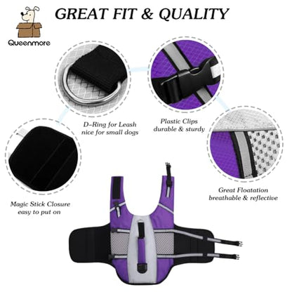 Queenmore Dog Life Jacket Swimming Vest Lightweight High Reflective Pet Lifesaver with Lift Handle, Leash Ring Purple,XS - color: Purple, size: X-Small