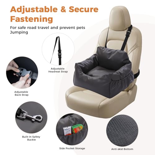PAWZ Road Small Dog Car Seat, Pet Car Bed for Travel&Home, Waterproof Leather Dog Booster Seat with Safety Belts & Storage Pocket, Grey - size: Medium
