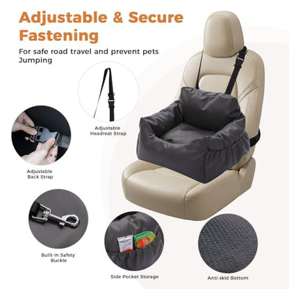 PAWZ Road Small Dog Car Seat, Pet Car Bed for Travel&Home, Waterproof Leather Dog Booster Seat with Safety Belts & Storage Pocket, Grey - size: Medium