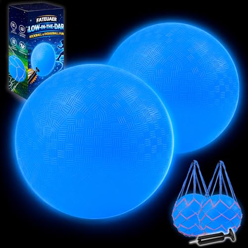 2 Pack Glow in The Dark Kickball, 8.5 Inch Light Up Playground Ball with 2 Mesh Bags & Hand Pump, No Battery Needed, Charge by Sunlight or Indoor Light,Gift Box