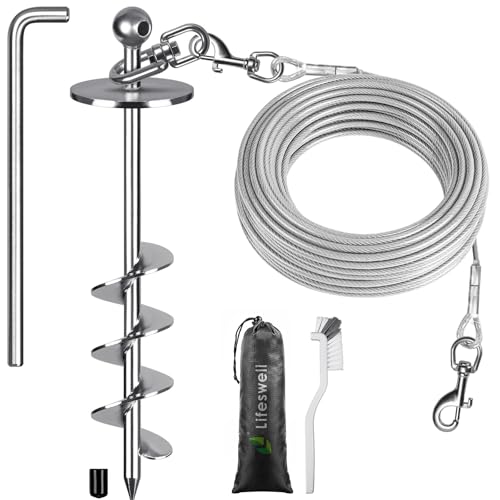 Dog Tie-Out Cable and Stake – 50ft Chew-Proof Stainless Steel Cable, 16-Inch Heavy-Duty Dog Anchor for Dogs Up to 200lbs, No Tangle, Dog Runner for Yard and Camping - color: Silver-E, size: 50ft cable + stake