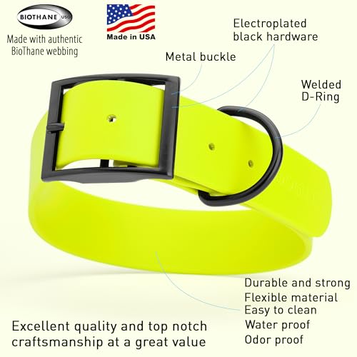 Dogline Biothane Waterproof Dog Collar Strong Coated Nylon Webbing with Black Hardware Odor- Proof for Easy Care Easy to Clean High Performance Fits Small Medium or Large Dogs, Safety Yellow