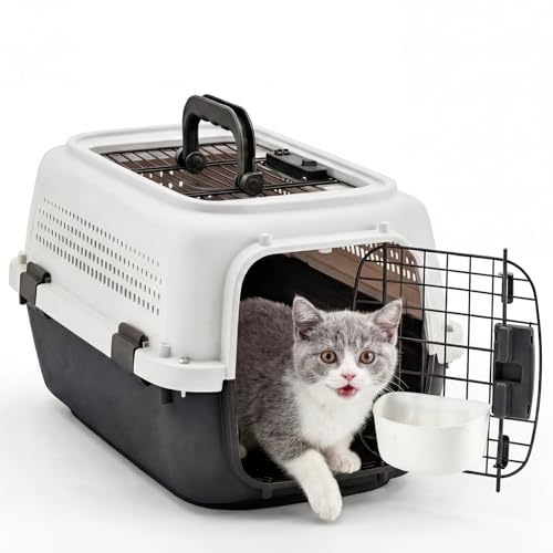 NEWBULIG 23" Hard-Sided Dog Carrier, Plastic Cat & Dog Crate, 4-Sided Ventilation Travel Pet Kennel, Top & Front Door Access, Integrated Food Bowl, for Small Pets up to 22 lbs, White & Black - color: White & Black, size: 22.4"L x 14.6"W x 13.0"H