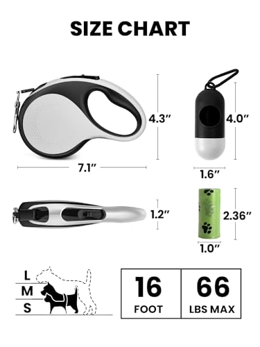Retractable Dog Leash with Led Light, Douexio 16ft Rechargeable Walking Dog Leash for Small Medium Dogs Up to 66 lbs,360° Tangle-Free, One-Button Control, High Strength Hook - color: White, size: 0-66lbs