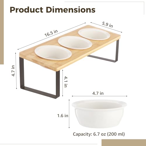 Raised Cat Food Water Bowls, Elevated Tilted Cat Feeder, Set of 3 Ceramic Dishes, Orthopedic Pet Stand for Indoor Cats, Triple Dog Food Station, Home Utility Pet Supplies