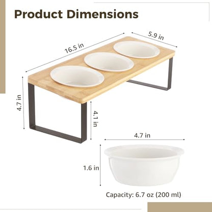 Raised Cat Food Water Bowls, Elevated Tilted Cat Feeder, Set of 3 Ceramic Dishes, Orthopedic Pet Stand for Indoor Cats, Triple Dog Food Station, Home Utility Pet Supplies