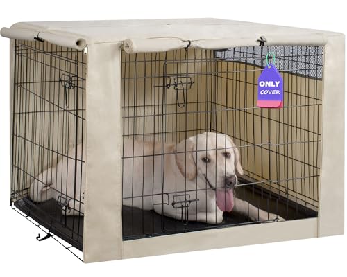HiCaptain Dog Crate Cover 42.0" L x 28.0" W x 30.0" H with Breathable Mesh, Durable Heavy Duty Kennel Cover, Dual Zippered Panels, Windproof Waterproof UV-Resistant(Beige) - color: Beige, size: 42.0"L x 28.0"W x 30.0"H
