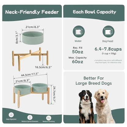 Havniva 8.3inch Ceramic Raised Dog Bowl with Stand, Double Dog Bowls Elevated for Large Breed Dog Food and Water Bowl Set Non-Slip Dog Dish Large Capacity Feeding Pet Water Bowl - color: 2 Bowls+Stand - Light Green, size: 8.3inch