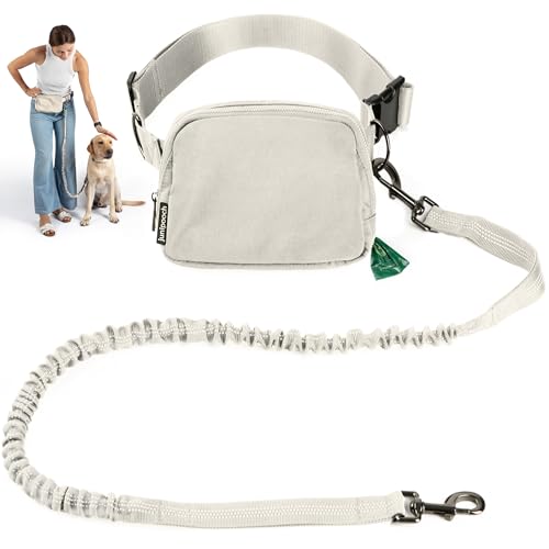 Hands Free Dog Leash with Dog Treat Pouch - Stylish & Trendy Waist Leash for Dog Walking - Wear Around the Waist or Crossbody - Durable & Detachable - Shock Absorbing - Waste Bag Dispenser - color: Ivory