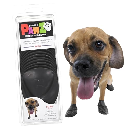 PawZ Rubber Dog Boots for Small Paws - All-Weather Waterproof Dog Shoes, Anti-Slip Traction for Rain, Snow, Mud & Hot Pavement - Pull-On Dog Booties, Black - Small (2"-2.5") - Pack of 12 - size: S