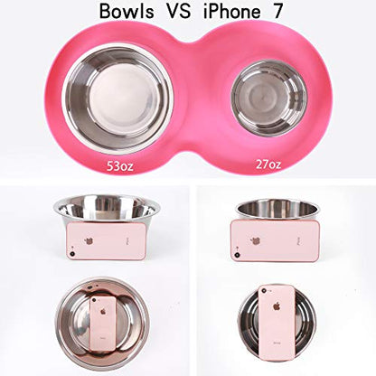 100% Waterproof BPA Free Pet Dog Bowls2 Stainless Steel（53oz+27oz） with 1.35“ Raised Edge Silicone Mat + Slow Feed Dog Water and Food Bowls for Feeding Large Dogs Cats Puppies (Pink) - color: Pink