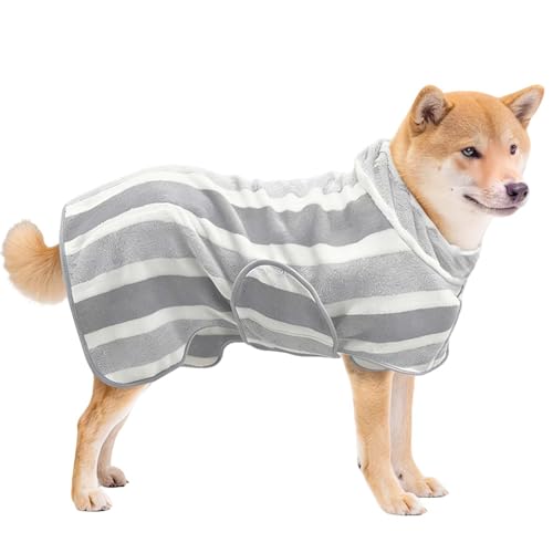 Fast Drying Dog Bathrobe, Super Absorbent Stripes Dogs Towel, Adjustable Warm Keeping Pet Puppy Bath Supplies (Grey, L) - color: Grey, size: L