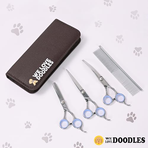 Dog Grooming Scissors Kit - Best Tools for Goldendoodles & Poodles- Straight, Curved & Thinning Shears - Golden Doodle Grooming Professional Grade Stainless Steel, 4 Pc Set (Long Silver) - size: Long