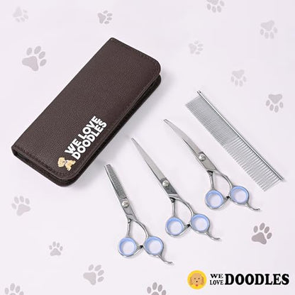 Dog Grooming Scissors Kit - Best Tools for Goldendoodles & Poodles- Straight, Curved & Thinning Shears - Golden Doodle Grooming Professional Grade Stainless Steel, 4 Pc Set (Long Silver) - size: Long