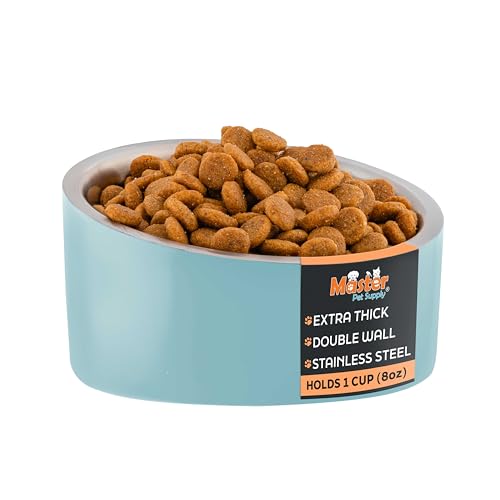 Master Pet Supply Stainless Steel Slanted Dog Cat Food Bowl - 8 oz Heavy Duty - Aqua Sky, Double Wall Insulated, Non-Slip Elevated Bowl for French Bulldogs Pugs Cats, Anti Rust Dishwasher Safe - color: Aqua Sky, size: 1 Cup (8 oz)