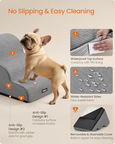 Feandrea 3-Step Dog Stairs, Dog Steps for Bed, Sofa, Waterproof Pet Stairs with Anti-Slip Designs, Gentle Slope, Removable Washable Cover, Handle, Dove Gray UPPS003G01 - size: 3-Step