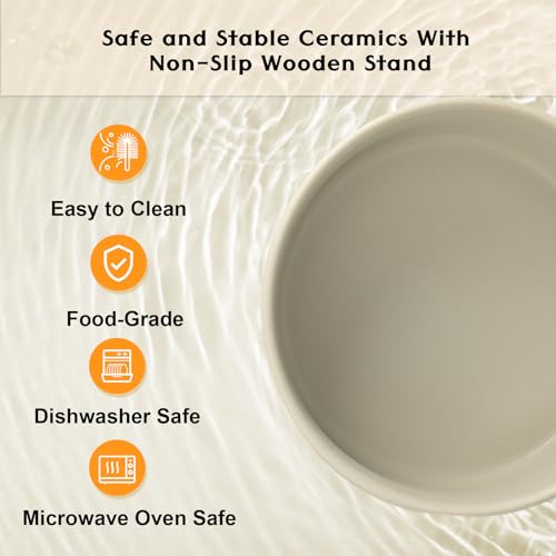 SPUNKYJUNKY Ceramic Elevated Dog Bowls 2 Pack - 5.1inch Raised Dog Bowls with Non-Slip Wooden Stand for Small Dogs Dishwasher Safe(Grey,13.5OZ*2) - color: Grey, size: Small - 1.7 CUPS*2
